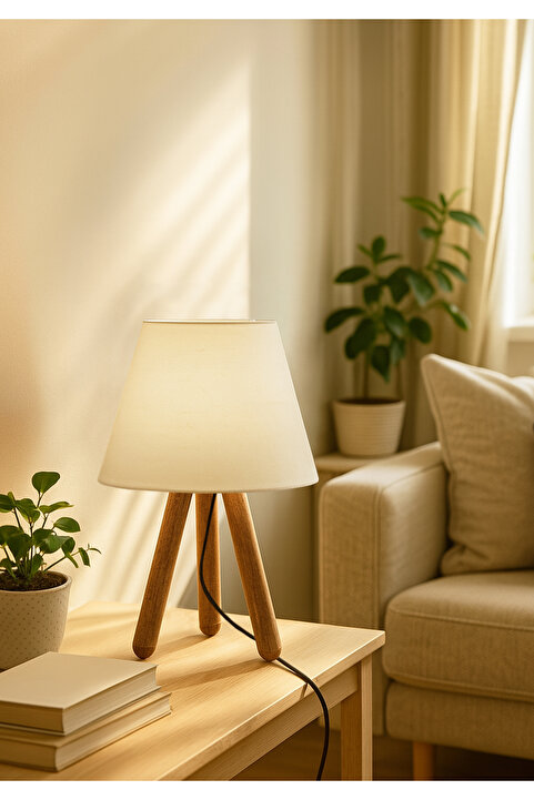 HOMİNG Tasarım Ahşap Krem Kumaş Başlıklı Abajur Ayd-3170
