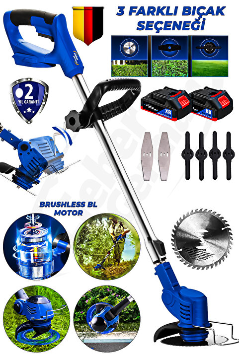 Lieber German MRS BLU 21 Volt 2 Ah BL Kömürsüz Motor 2x Batarya Ot Çim Çalı Kenar Biçme Tırpan Makinesi