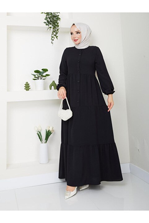 exxitcollection Kadın Ayrobin Siyah Şık ve Rahat Kesim Kumaş Boydan Tesettür Elbise