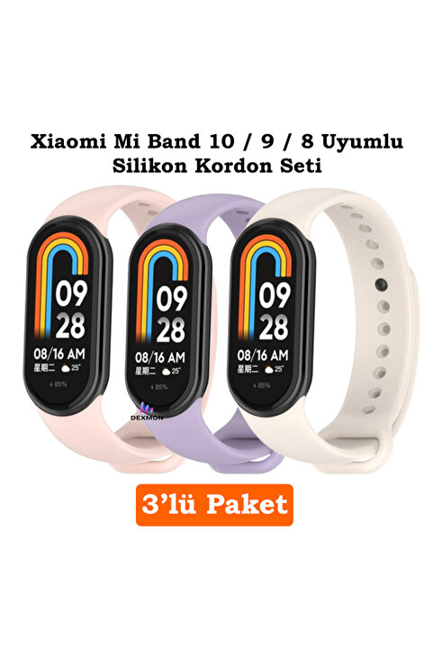 Dexmon Xiaomi Mi Band 8 Mi Band 9 Mi Band 10 Uyumlu 3lü Paket Silikon Kordon Bileklik Metal Pimli