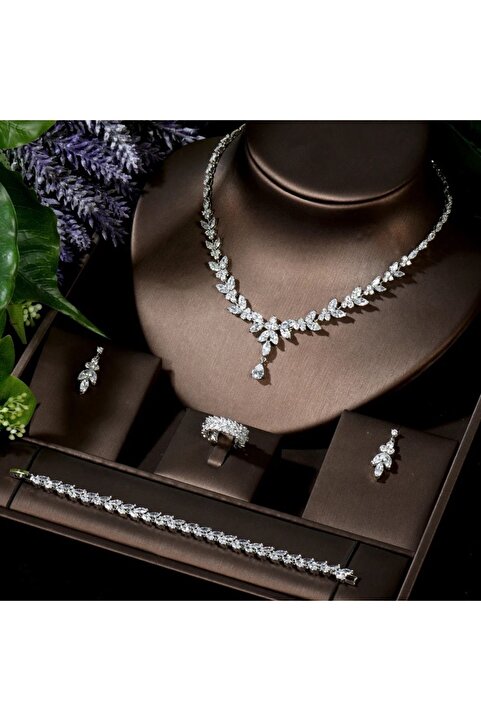 VİYA Grace Kadın Yaprak Model Zirkon Taşlı Takı Seti Kolye Küpe Bileklik Yüzük