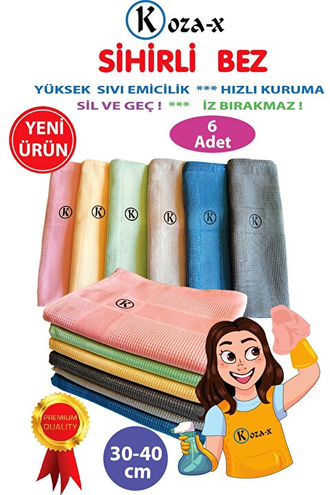 Koza-X Mikrofiber Sihirli Temizlik Bezi 6 Adet Cam,ayna,mutfak,banyo,araç Genel Temizlik Bezi (30/40 CM)