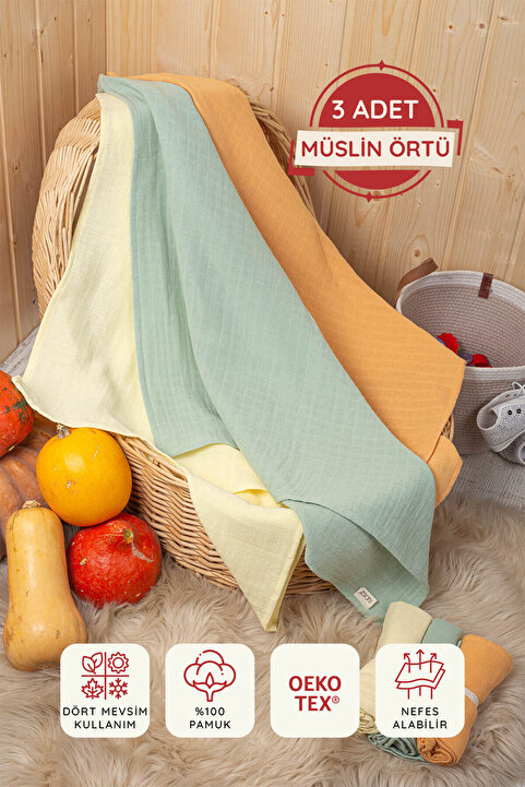 LUCKKA 3'lü Çok Amaçlı Müslin Bez, Örtü, Battaniye Seti Unisex Renkli %100 Pamuk - 75x75 Cm - Ztc100