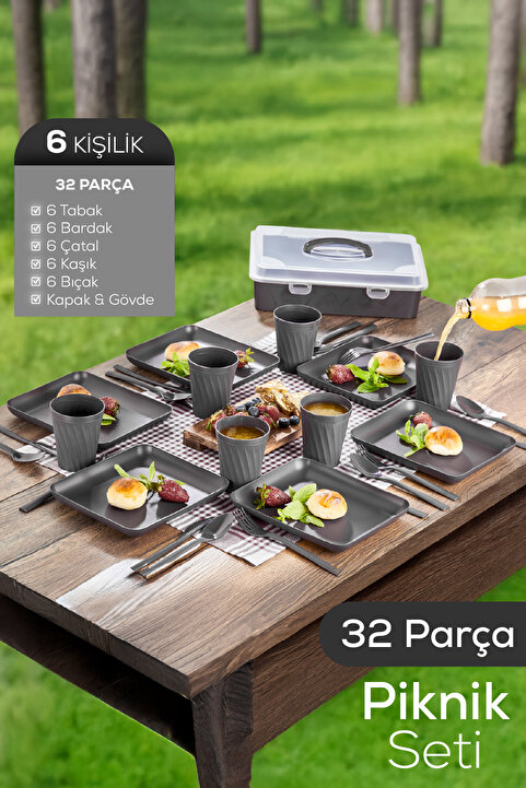Vienev 32 Parça 6 Kişilik Taşınabilir Piknik Seti - Saklama Kutulu Antrasit
