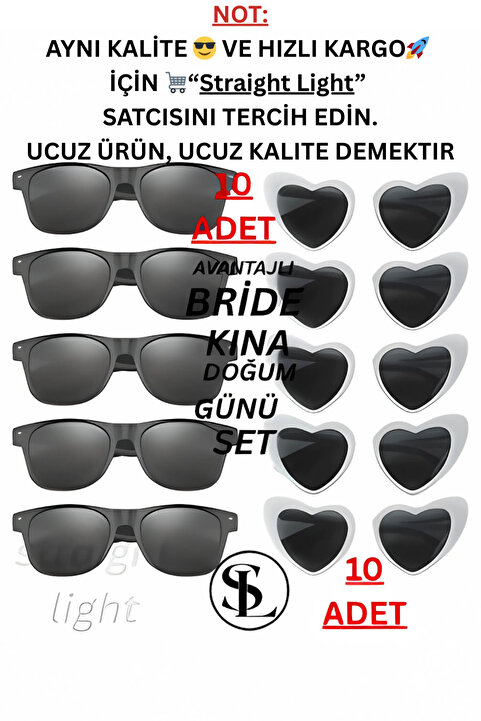 Straight Light KALPLI GELİN DAMAT NEDİME GÜNEŞ GÖZLÜĞÜ 5 ÇİFTLİ 10'LU SET DÜĞÜN NİŞAN BRİDE AFTER DOĞUM GÜNÜ PARTİ