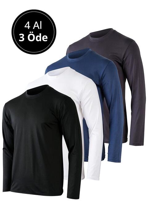 Rich Erkek Siyah-Beyaz-Antrasit-Lacivert 4'lü Paket Basic Uzun Kollu Tişört Sporcu Body T-shirt