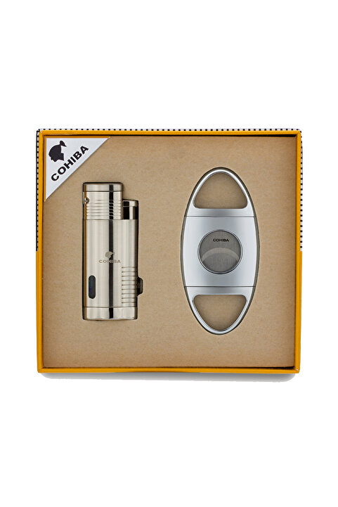 COHİBA Cohiba 3 Torch Çakmak Ve Kesici Puro Seti Silver