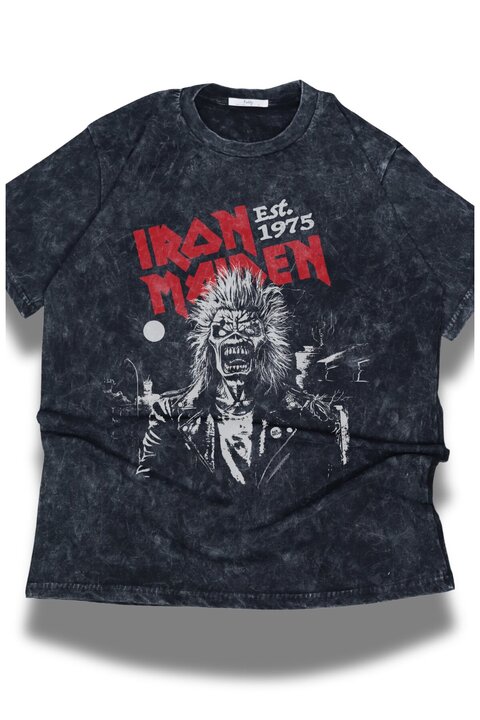 Fuddy Moda Oversize Iron Maiden Est 1975 Baskılı Yıkamalı T-Shirt, Unisex Rock Band Temalı Retro Tişört