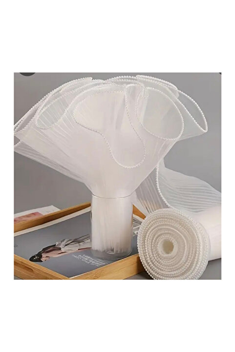Sosyete shop Fırfırlı Gelin buketi sarma tülü incili çiçek tülü incili piliseli aranjman 60 cm (35×60cm)ü