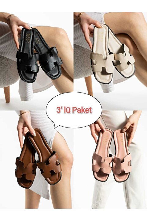 Moda Devrin 3'lü Paket Önü Yanı Açık Kadın Terlik Dış Mekan Ve Ev Terliği
