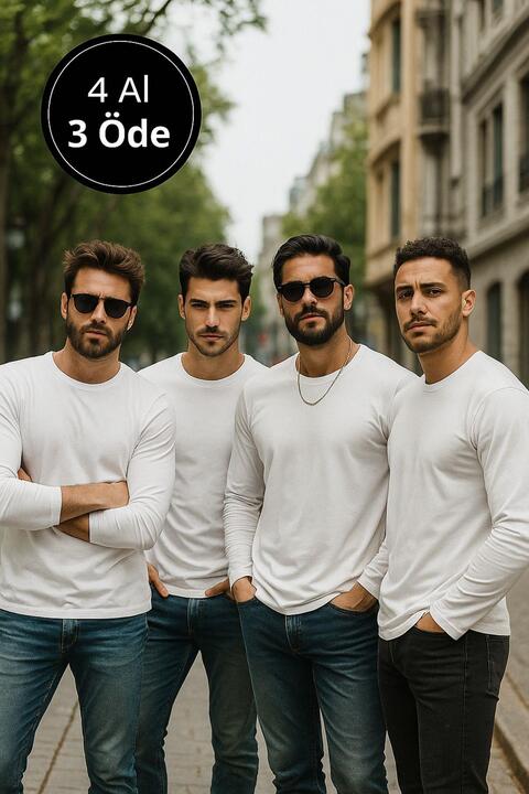 Rich Erkek Beyaz 4'lü Paket Basic Uzun Kollu Tişört Sporcu Body T-shirt