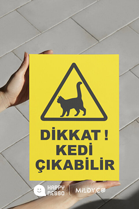 Happynesso "DİKKAT KEDİ ÇIKABİLİR" Uyarı Levhası 35x25 cm Folyo Baskı Forex Tabela | Çift Bantlı Gönderim