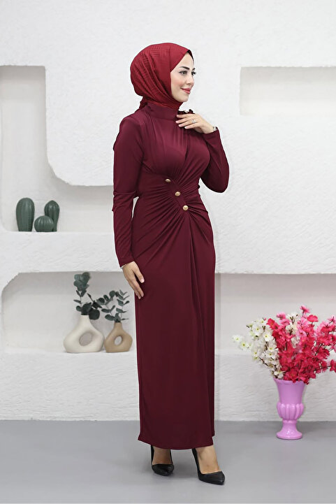 Neşeli Butik kadın likralı düğme detaylı tesettür elbise NMS046
