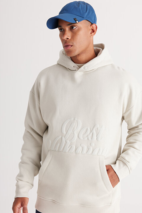 AC&Co / Altınyıldız Classics Erkek Bej Oversize Fit Bol Kesim Kapüşonlu Içi Polarlı 3 Iplik Baskılı Sweatshirt