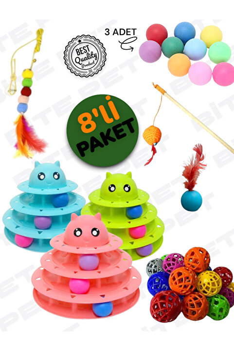 bite pet 8'Lİ OYUN SETİ: YAPIŞKAN OLTA+3 KATLI KEDİ OYUNCAĞI+TÜYLÜ TOP+KEDİ OLTASI+ZİLLİ TOP+ 3ADET OYUN TOPU