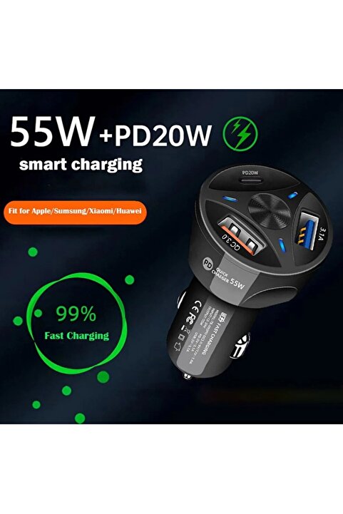 JUNGLEE Araç Çakmaklık Şarjı 2 Usb + 20w Pd Şarj Çıkışlı Hızlı Şarj Destekli 55w Qc 3.0