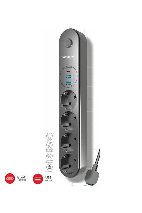 Genel Markalar Termal Akım Korumalı Usb Ve Type C 2.1a Şarj Çıkışlı 10a 2500w 4'lü Uzatma Grup Priz Siyah 3402
