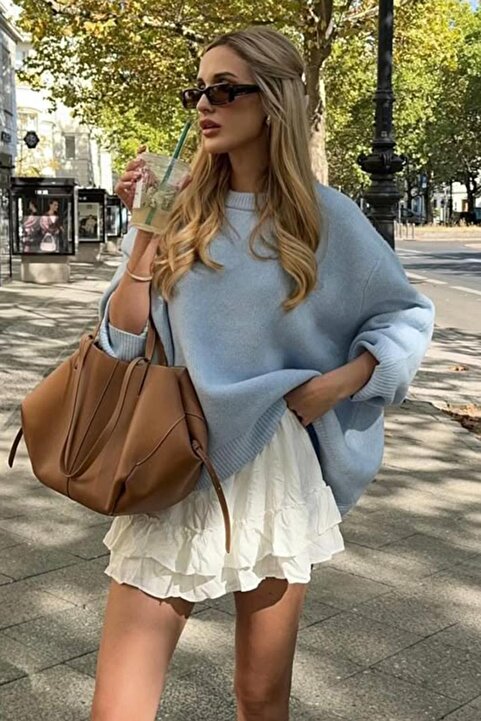 Madmext Bebe Mavisi Bisiklet Yaka Oversize Triko Kazak MG1972