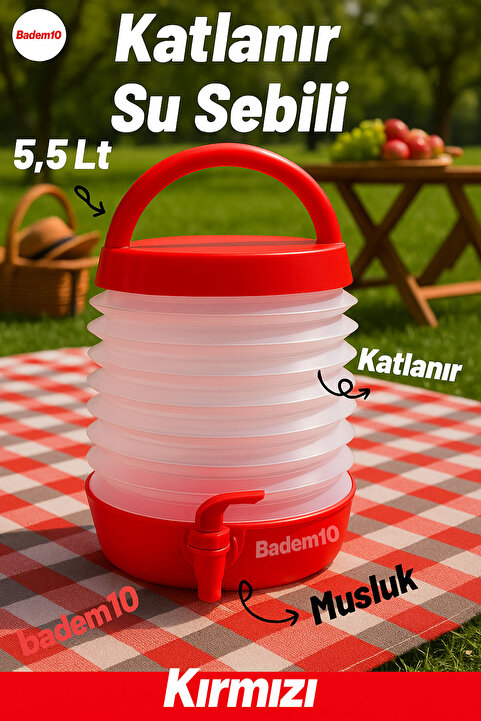 Badem10 Su Sebili Katlanabilir Termos Çeşmeli Körüklü 5.5 Litre Piknik Kamp Su Ayran Meşrubat İçecek Bidonu