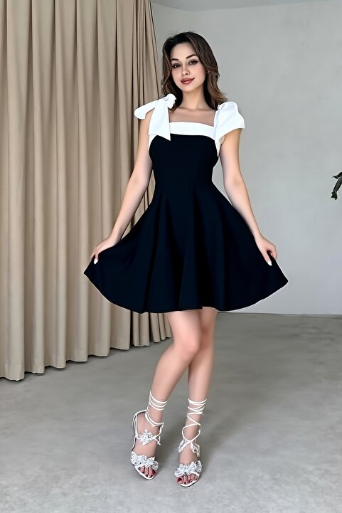 ALFUDO Moda Collection Kadın Şerit Detay Straplez Yaka Bağlamalı Askı Tasarım Siyah Beyaz Kloş Mini Abiye Elbise