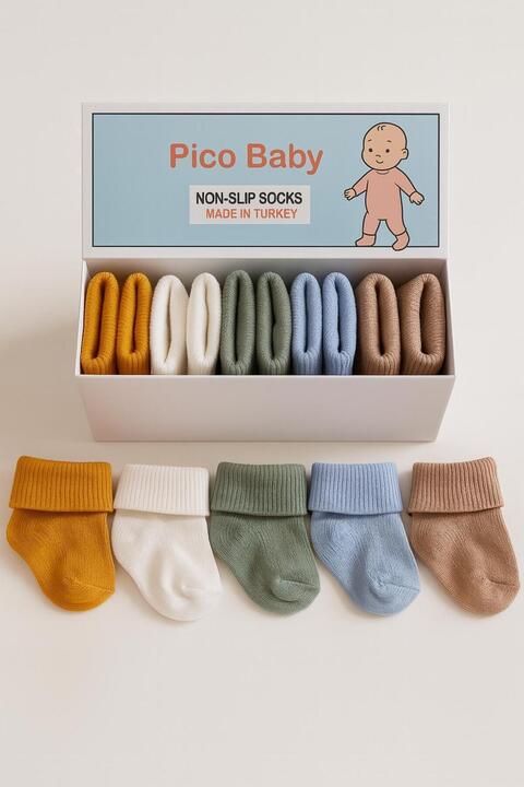 Pico Baby Organik Pamuk Unisex 5'li Kutulu Premium Yeni Doğan Bebek Çorabı