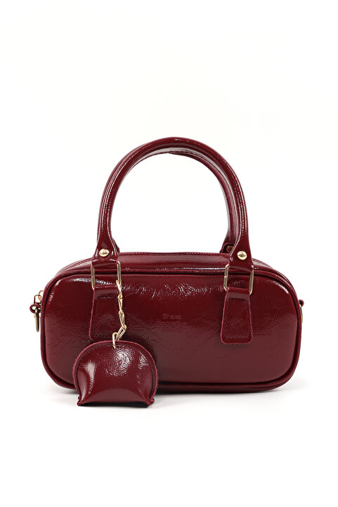 Shaka Kırışık Dokulu Cherry Bordo Shk207 Suni Deri Charm Detaylı Fermuarlı El, Kol ve Omuz Çantası