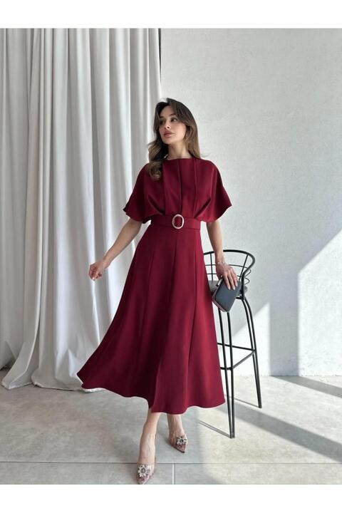MAMMY Kemerli Yırtmaçlı Kadın Bordo Elbise Midi 583292