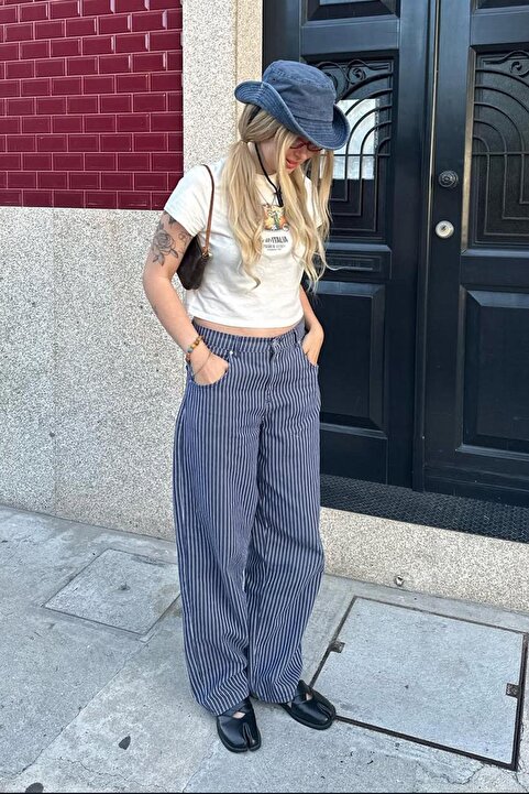 Madmext Lacivert Çizgili Kadın Jean Pantolon Mg2463