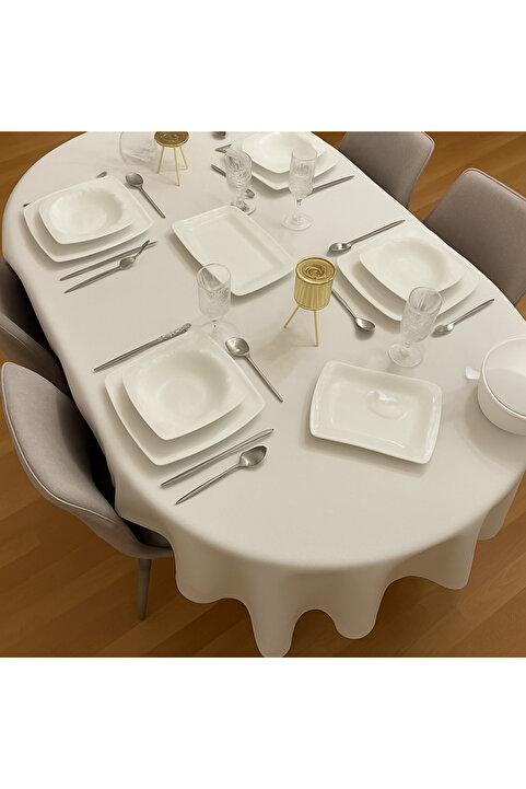 Zeren Home Polyester Keten Dertsiz Oval Masa Örtüsü Kırık Beyaz