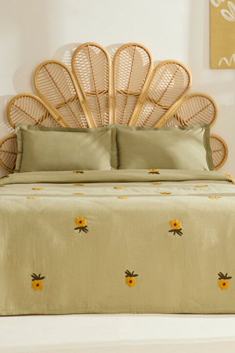 Karaca Home Sunflower %100 Pamuk Müslin Çift Kişilik Pike Takımı Adaçayı