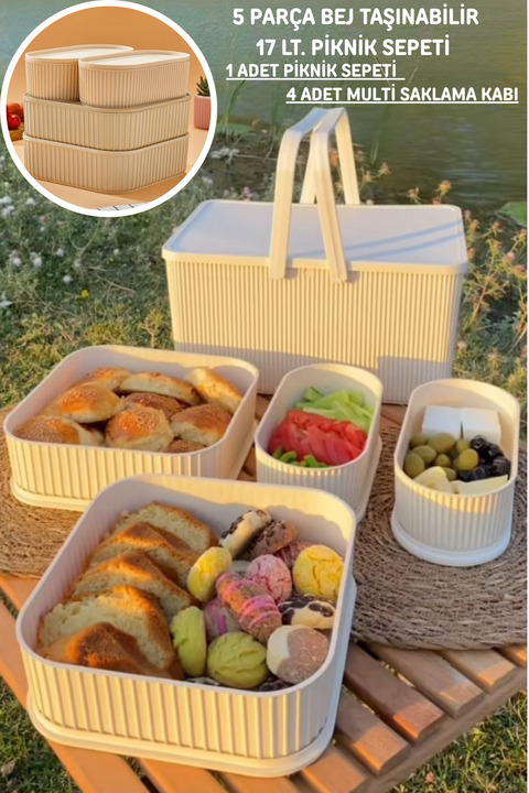 Genel Markalar 5 PARÇA BEJ TAŞINABİLİR 17 LT. PİKNİK SEPETİ