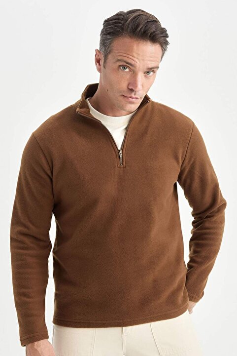 Defacto Kahverengi Tüylenme Yapmayan Soğuk Geçirmez Regular Fit Dik Yaka Fermuarlı Polar Sweatshirt Y3996AZN