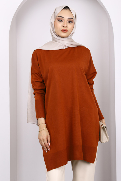 İmajButik Kiremit Bisiklet Yaka Merserize Salaş Triko Tunik