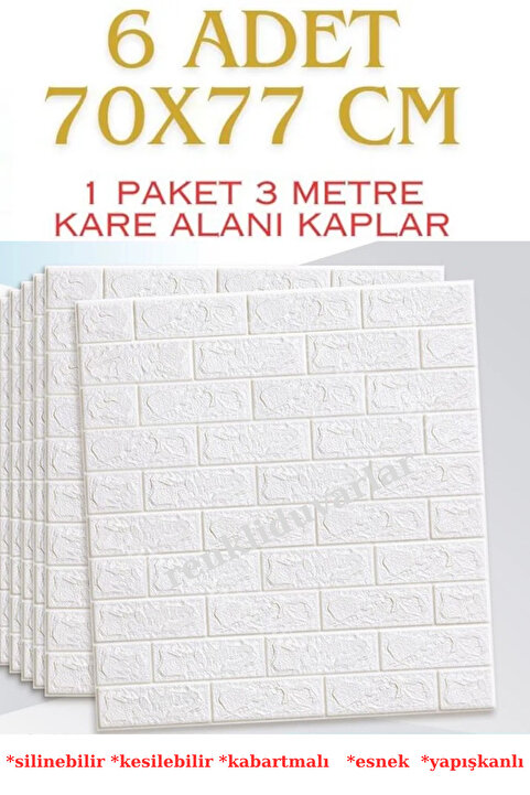 Renkli Duvarlar Yapışkanlı Sünger Beyaz Tuğla Duvar Kağıdı Kaplama Paneli 70x77 cm 6 Adet