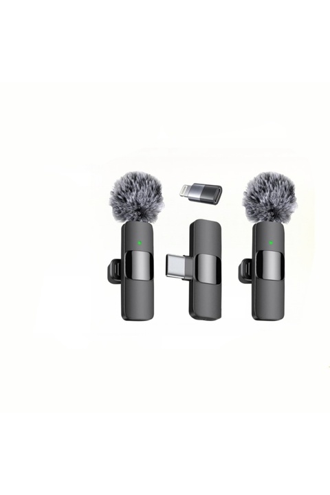 Zilvana Kablosuz Tüylü Siyah Yaka Mikrofonu Type-C ve Apple Uyumlu Bluetooth 5.0 2’li Set