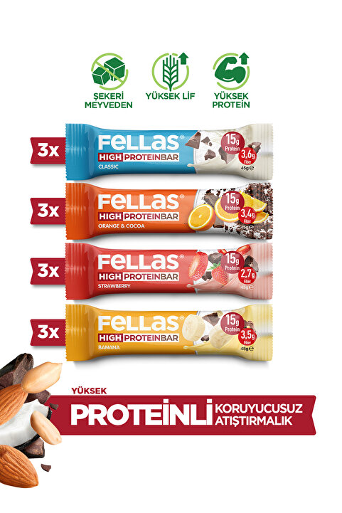 Fellas Yüksek Protein Bar (45 g) Karma Kutu - 12 Adet (4 Çeşit)