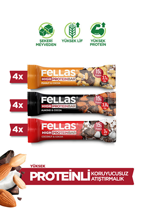 Fellas Yüksek Protein Bar (45 g) Karma Kutu - 12 Adet (3 Çeşit)