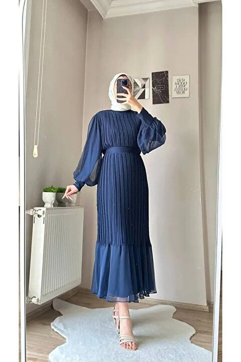 CYM Butik Tesettür Elbise Lacivert Piliseli Şifon Uzun Kollu