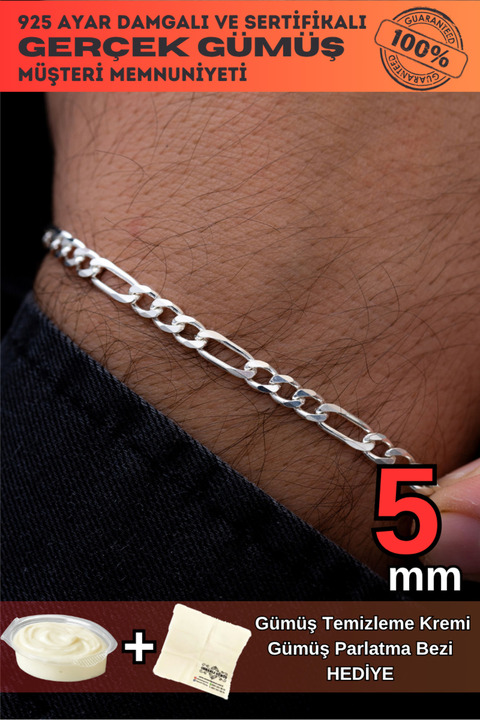 OSMANLI GÜMÜŞ Erkek Gümüş Bileklik - 5mm Figaro Model 925 Ayar Sertifikalı Faturalı Damgalı Erkek Gümüş Bileklik