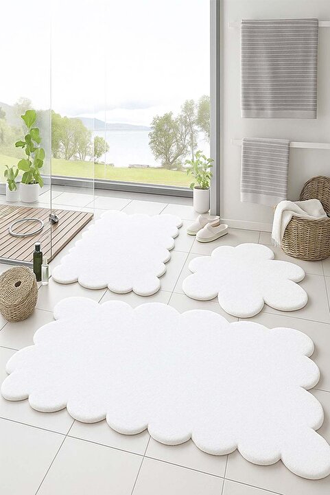 Balat Halı 3'Lü Set Kaymaz Taban Banyo Paspası Halısı 50x50 (yuvarlak papatya ) --50x60(LAZER)- -60x100 (LAZER)