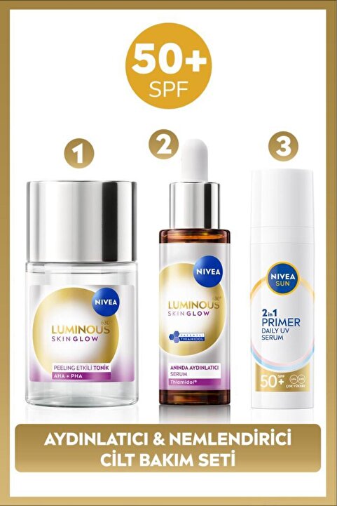 NIVEA SUN SPF50 Primer Nemlendirici Makyaj Bazı 30ml, Luminous630 Skin Glow Cilt Serum 30ml ve Tonik 100ml