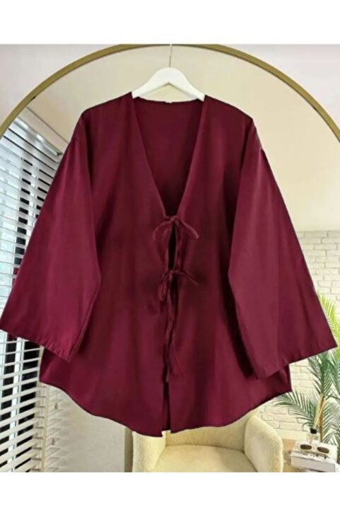 Genel Markalar Önü Bağlamalı Kimono Tunik Bordo Oversize Yeni Sezon Rahat Kalıp