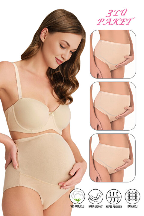 ÖZKAN underwear Özkan 23582 3'lü Paket Kadın Ten Rengi Pamuklu Likralı Süprem Hamile Lohusa Yüksek Bel Bato Külot