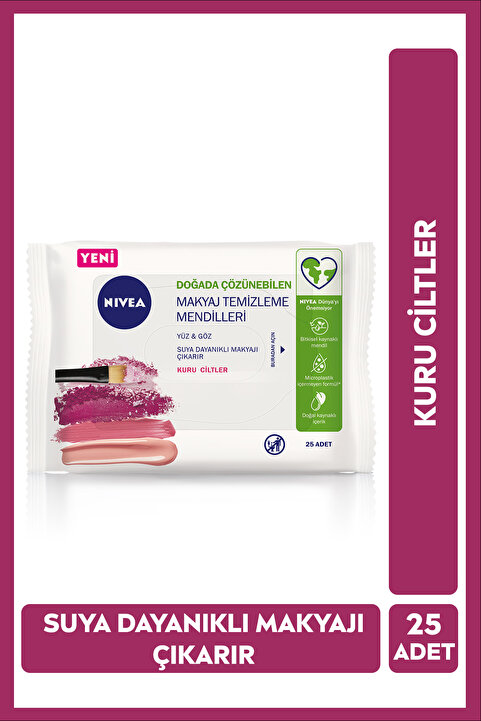 NIVEA Suya Dayanıklı Makyaj Temizleme Medilleri, Kuru ve Gergin Cilt, Besleyici, Alkolsüz, 25 Adet