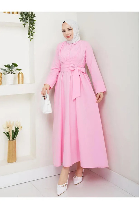 exxitcollection Kadın Tesettür Pembe Sabit Kuşaklı Modern Şık Uzun Gece Elbise Kıyafet