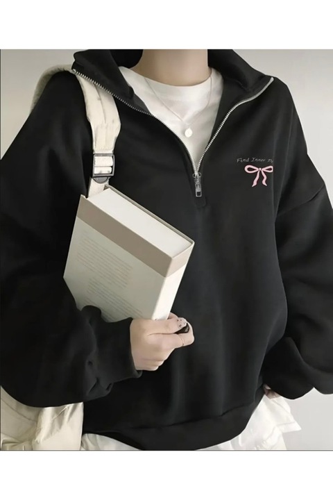 DEZZİİ Siyah Dik Yaka Fiyonk Baskılı Sweatshirt