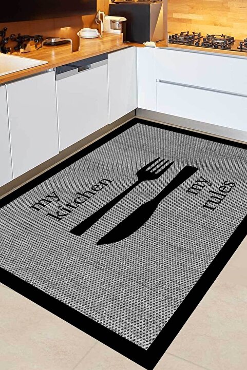 Decomia Home Dijital Kaymaz Jüt Görünümlü Gri Kitchen Siyah Çerçeveli Mutfak Halısı