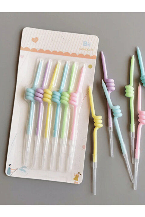 Bunloon 6’lı Makaron Renkli Kıvrımlı Spiral Pasta Mum Seti Pastel Tonlar Doğum Günü Pasta Süsleme