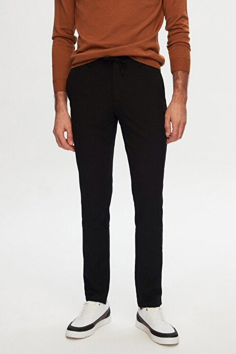 D'S Damat Ds Damat Slim Fit Siyah Beli Lastikli İpli Fermuarlı Likralı Rahat Jogger Pantolon