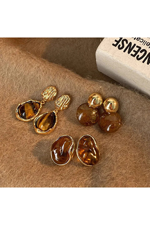 MURASSA BUTİK Vintage Kaplan Gözü Reçine Küpe 3'lü Set